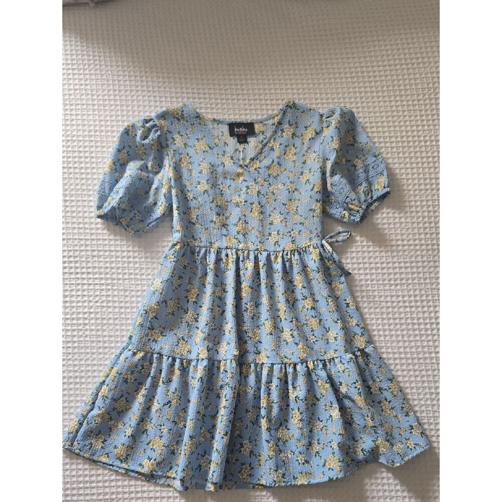 Light Blue Yellow Floral Puff-Sleeve Kids Dress